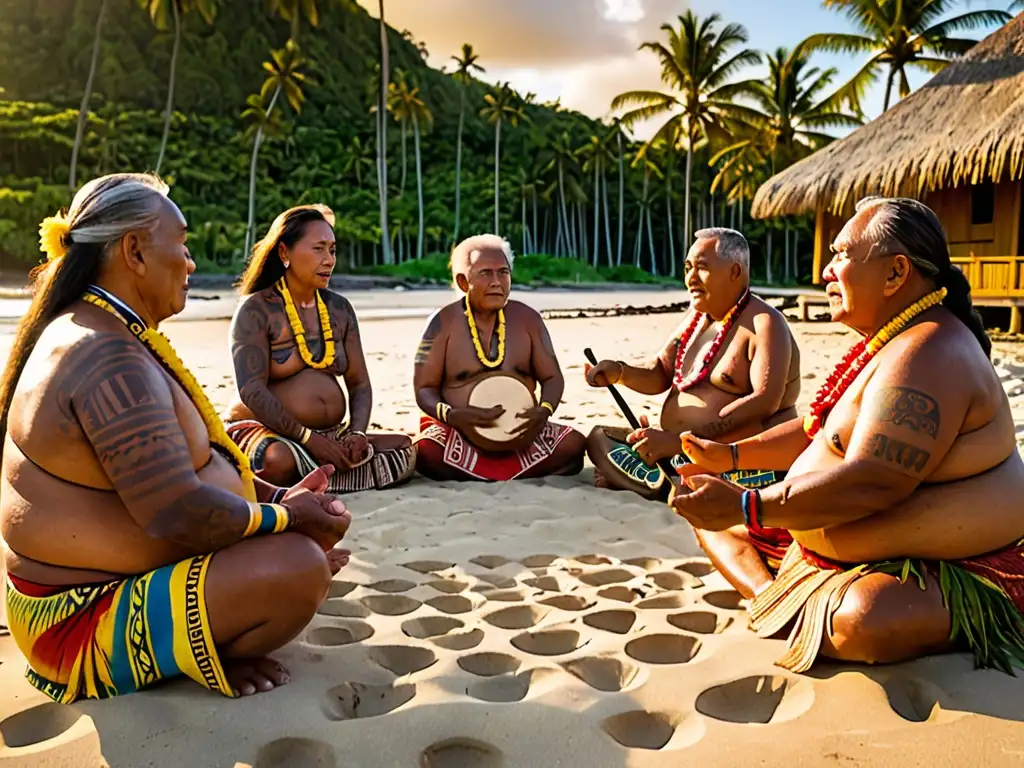 Rituales ancestrales polinesios al atardecer Un grupo de ancianos polinesios recita poemas sagrados tradición Polinesia en la playa al atardecer, rodeados de naturaleza exuberante y chozas tradicionales