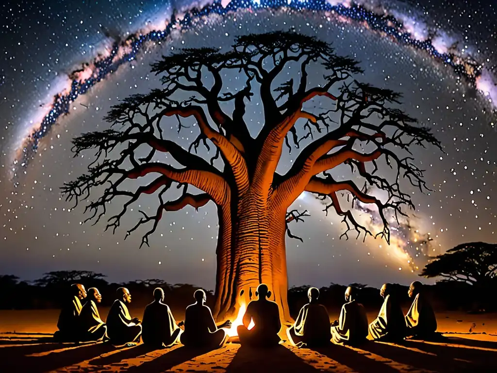 Grupo de ancianos realizando un ritual africano frente al fuego, en medio de la influencia del culto a los antepasados en el folklore africano