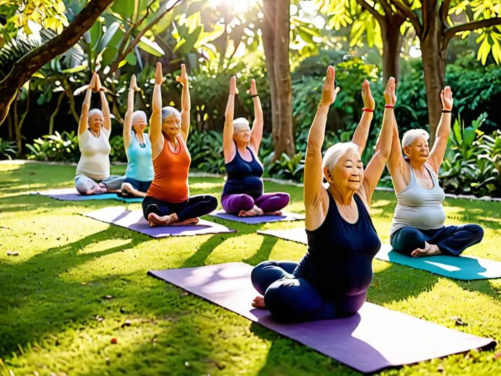 Grupo de ancianos practicando yoga en un jardín sereno, irradiando calma y vitalidad con el arte ayurvédico de Rasayana