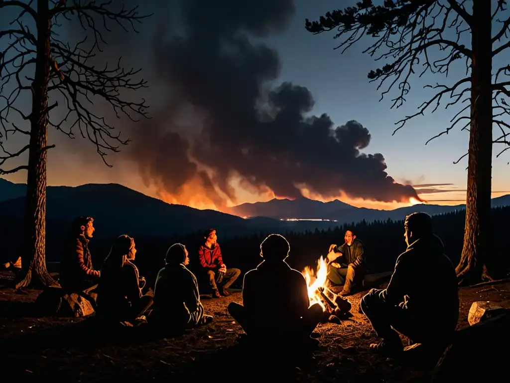 Grupo escucha atento el relato junto al fuego, en la oscuridad del bosque