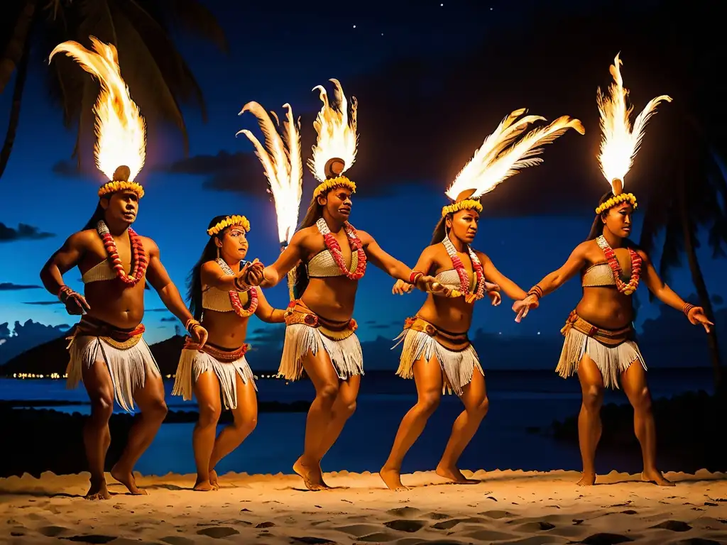 Grupo de bailarines polinesios realizando un impresionante ritual de fuego bajo la luna en una isla remota