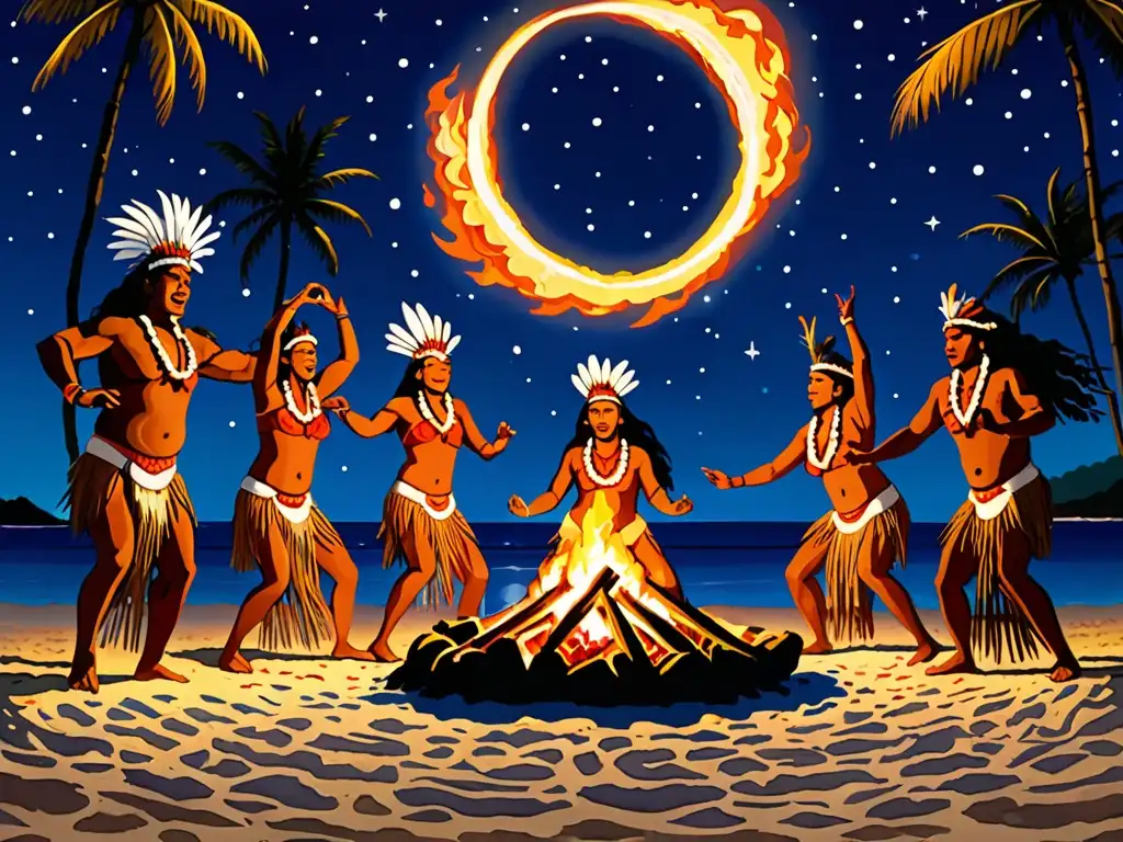 Grupo de bailarines polinesios realizando ritos nocturnos en la playa, iluminados por el fuego y el mar
