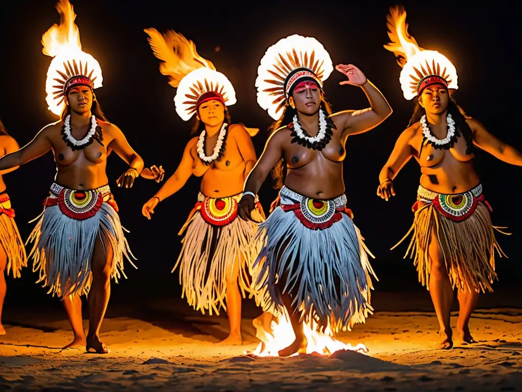 Grupo de bailarines polinesios realiza Ritos Nocturnos en Polinesia alrededor de una fogata bajo la luna
