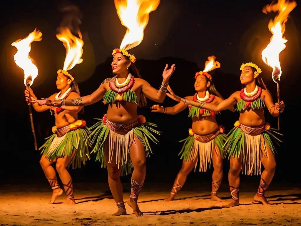 Grupo de bailarines polinesios realizando ritos nocturnos junto a una fogata bajo el cielo estrellado