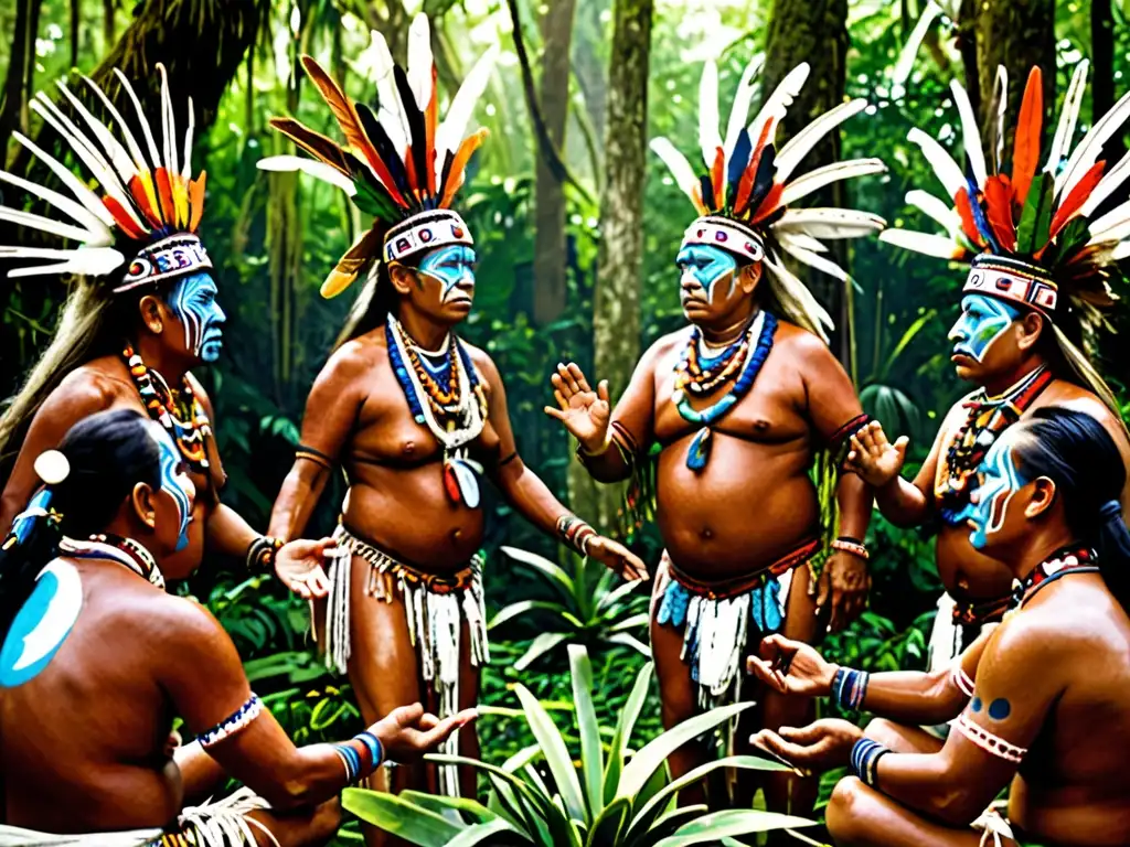 Un grupo de chamanes de Oceanía realiza un ritual sagrado en medio de exuberante vegetación y atuendos ceremoniales