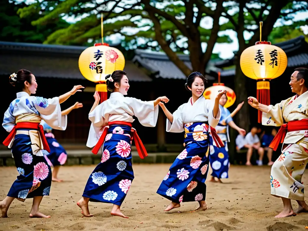 Grupo bailando en círculo alrededor de una hoguera en el Festival de Obon en Japón, con yukatas y ambiente místico