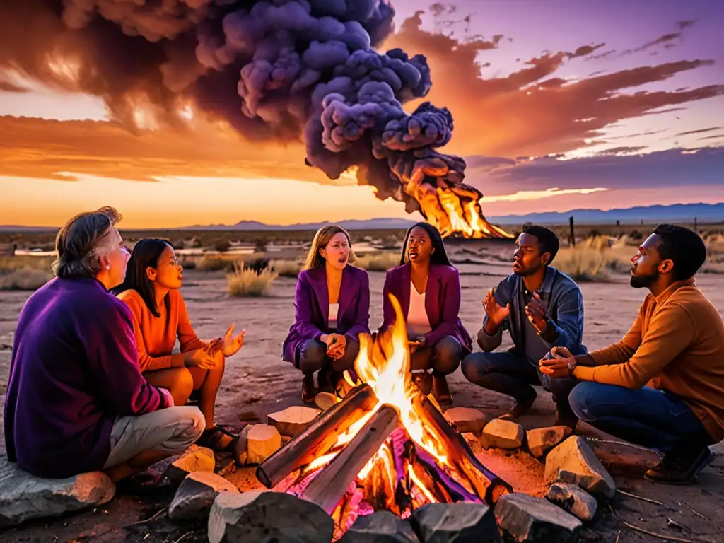 Grupo diverso en animada discusión alrededor de fogata, en un atardecer vibrante
