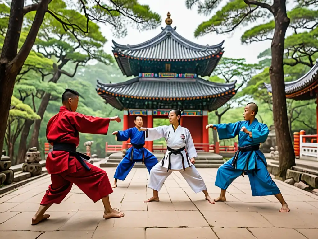 Un grupo diverso practica artes marciales en un bosque neblinoso, vistiendo atuendos tradicionales asiáticos