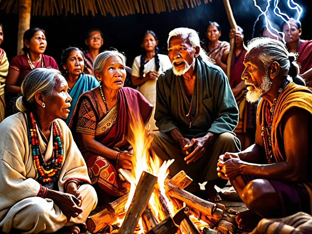 Grupo diverso escucha con asombro la explicación mitológica del rugido trueno alrededor de una fogata bajo un cielo iluminado por relámpagos