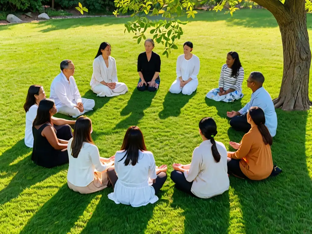 Grupo diverso disfruta los beneficios del reiki como terapia en círculo al aire libre, con luz dorada y conexión espiritual