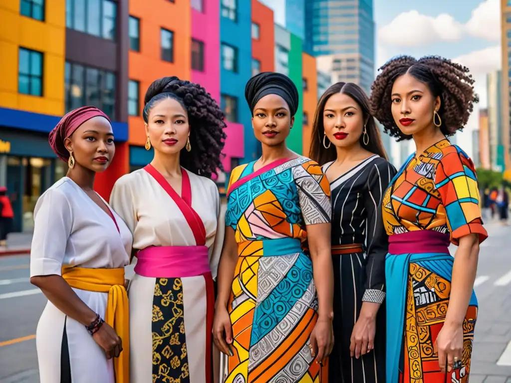 Un grupo diverso de mujeres unidas en empoderamiento, representando deidades femeninas en el empoderamiento, con determinación y unidad