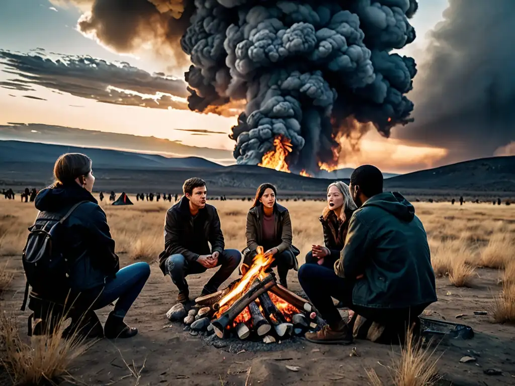 Un grupo diverso de personas se reúne alrededor de una fogata en un paisaje desolado, con expresiones de miedo, fascinación y curiosidad