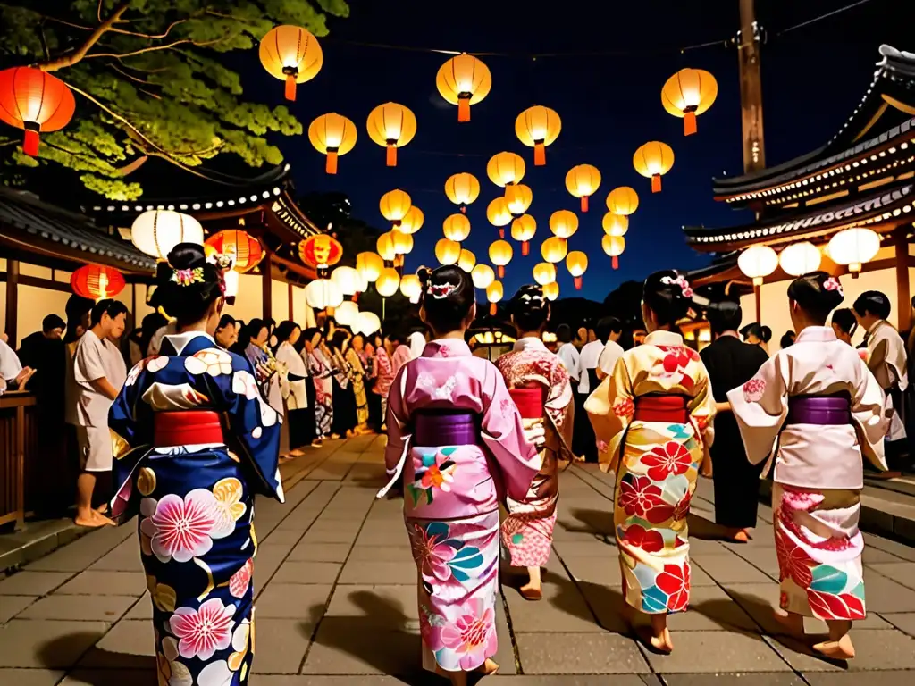 Grupo en Festival de Obon en Japón, vistiendo yukatas tradicionales, bailando con linternas en templo iluminado