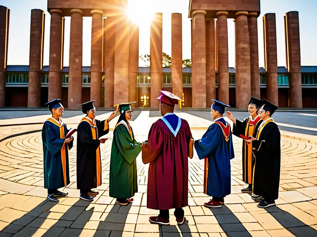 Graduados de diferentes culturas celebran el conocimiento y la sabiduría Grupo de graduados de diferentes culturas celebrando rituales de graduación académica, compartiendo conocimiento y sabiduría en un entorno multicultural al atardecer