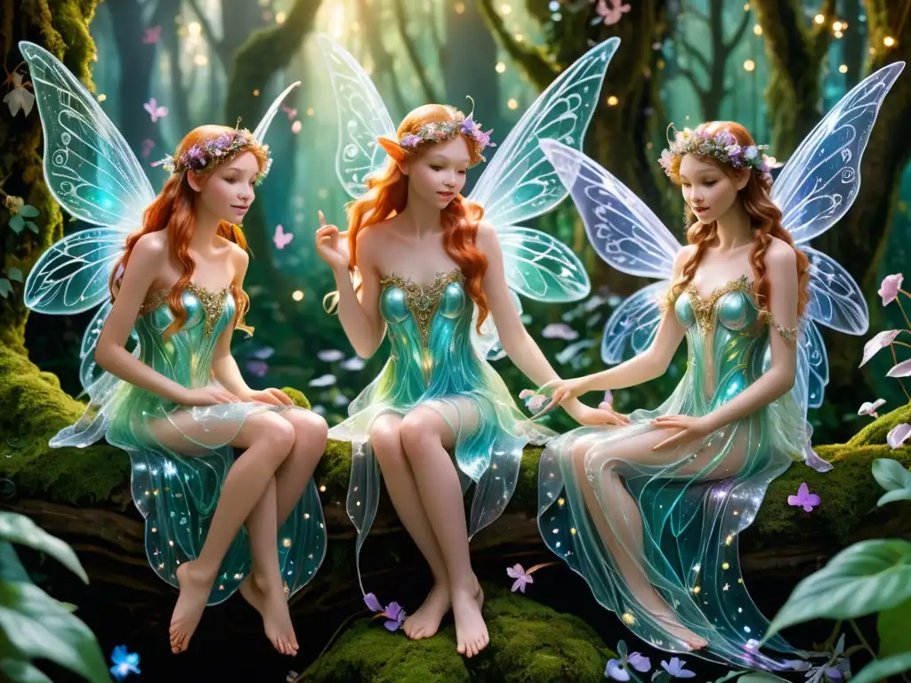 Un grupo de hadas etéreas y lumínicas, representando jerarquías en el mundo feérico, en un bosque encantado