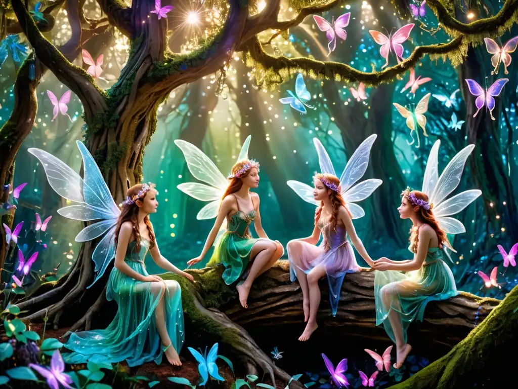 Un grupo de hadas etéreas y luminosas se reúnen alrededor de un majestuoso árbol en un bosque místico