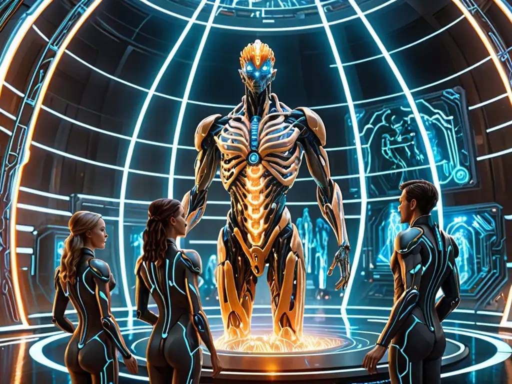 Un grupo de humanos del futuro rodea un holograma del fuego de Prometeo, con tecnología avanzada y circuitos luminosos en sus cuerpos, fusionando mitología clásica con ciencia ficción