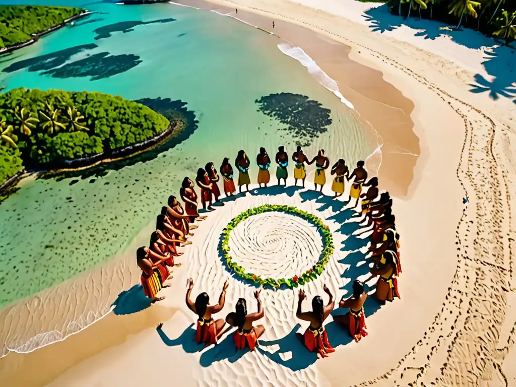 Emotiva ceremonia polinesia en la playa al atardecer Grupo indígena celebra ceremonia en playa polinesia al atardecer, Poemas sagrados tradición Polinesia