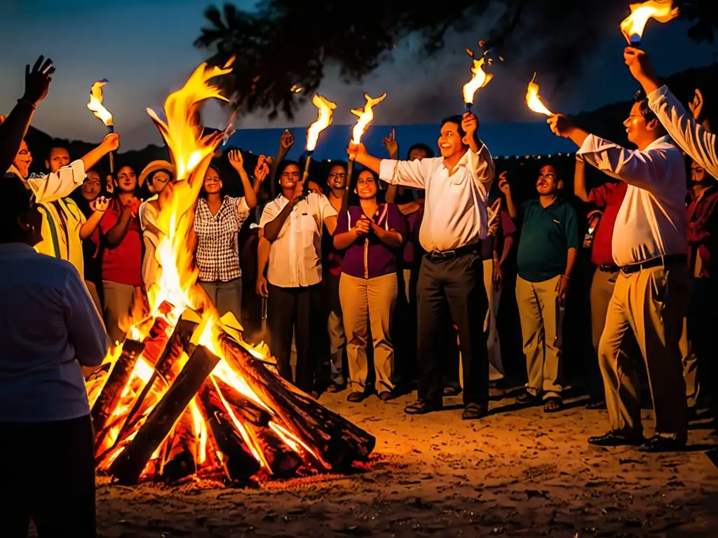 Grupo disfrutando de las legendarias Hogueras de San Antón, con el resplandor del fuego iluminando sus rostros en una celebración tradicional