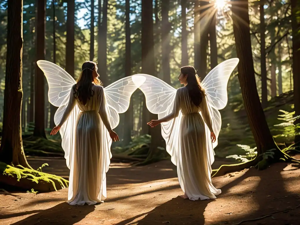 Un grupo de misteriosas sílfides del aire interactúa con humanos en un bosque soleado