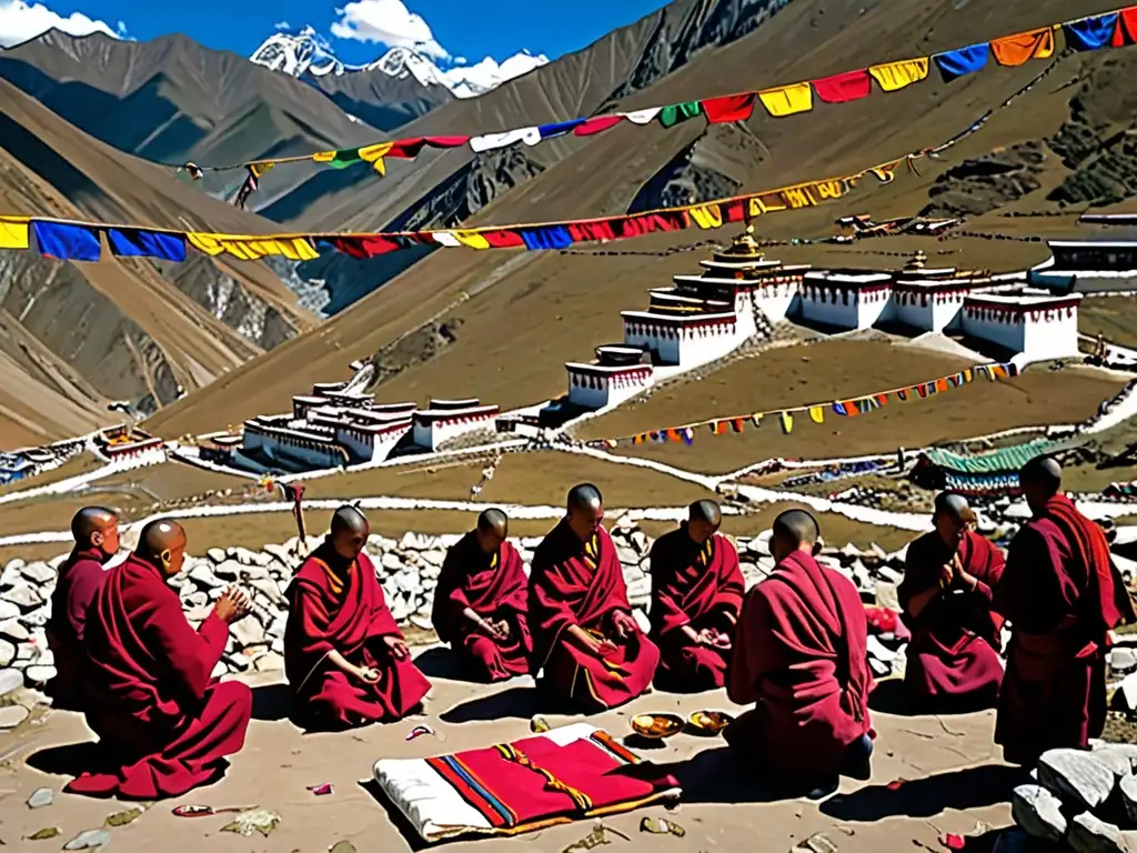 Un grupo de monjes tibetanos realizan un ritual funerario en la cima de una montaña, rodeados de banderas de oración y objetos ceremoniales