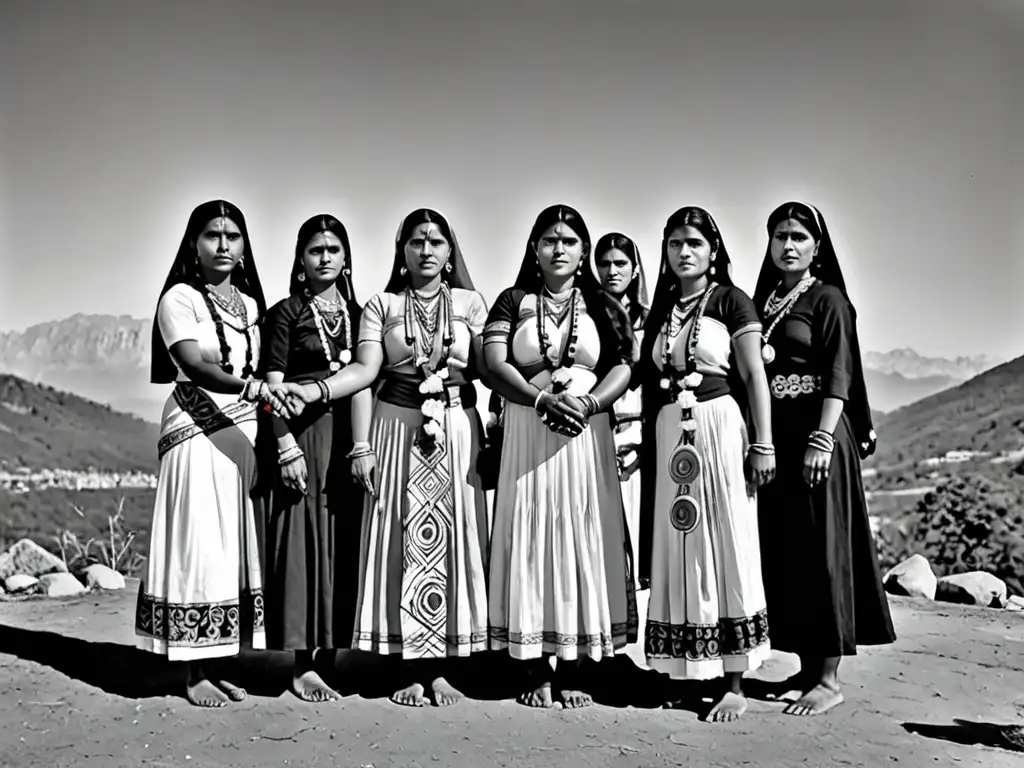 Grupo de mujeres en círculo, vistiendo atuendos tradicionales con símbolos de deidades femeninas, unidas y empoderadas en la naturaleza
