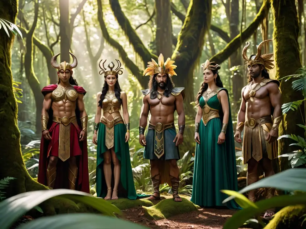 Grupo de personajes mitológicos en novelas contemporáneas, representados en un bosque exuberante y misterioso