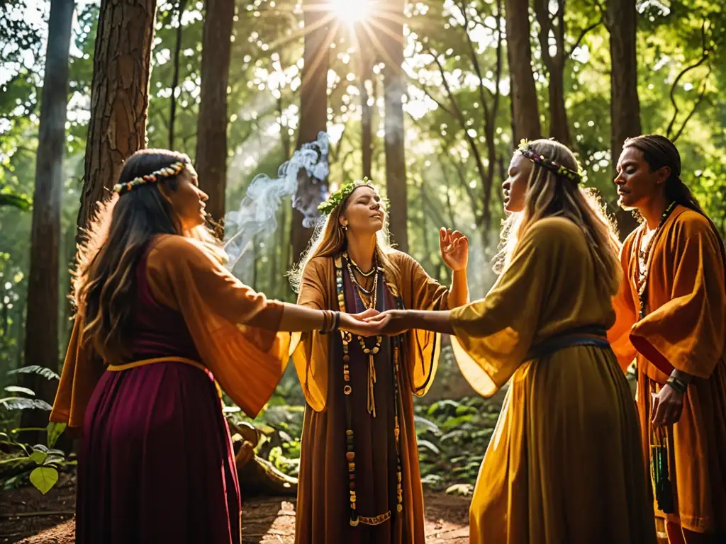 Ritual pagano en el bosque: danza mística entre árboles ancestrales Un grupo de personas realiza un ritual pagano en un claro del bosque, rodeado de naturaleza exuberante y árboles antiguos