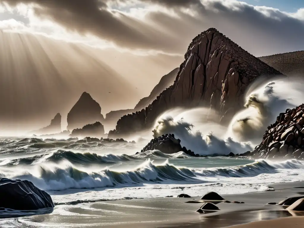 Grupo de pescadores en la costa de Namibia, con una serpiente marina en el horizonte