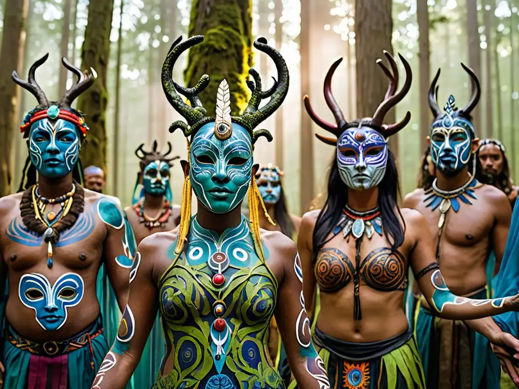 Ritual pagano en el bosque: misticismo y colorido Grupo en ritual pagano entre árboles, con atuendos coloridos y máscaras, rodeados de naturaleza mística y espíritus en la atmósfera