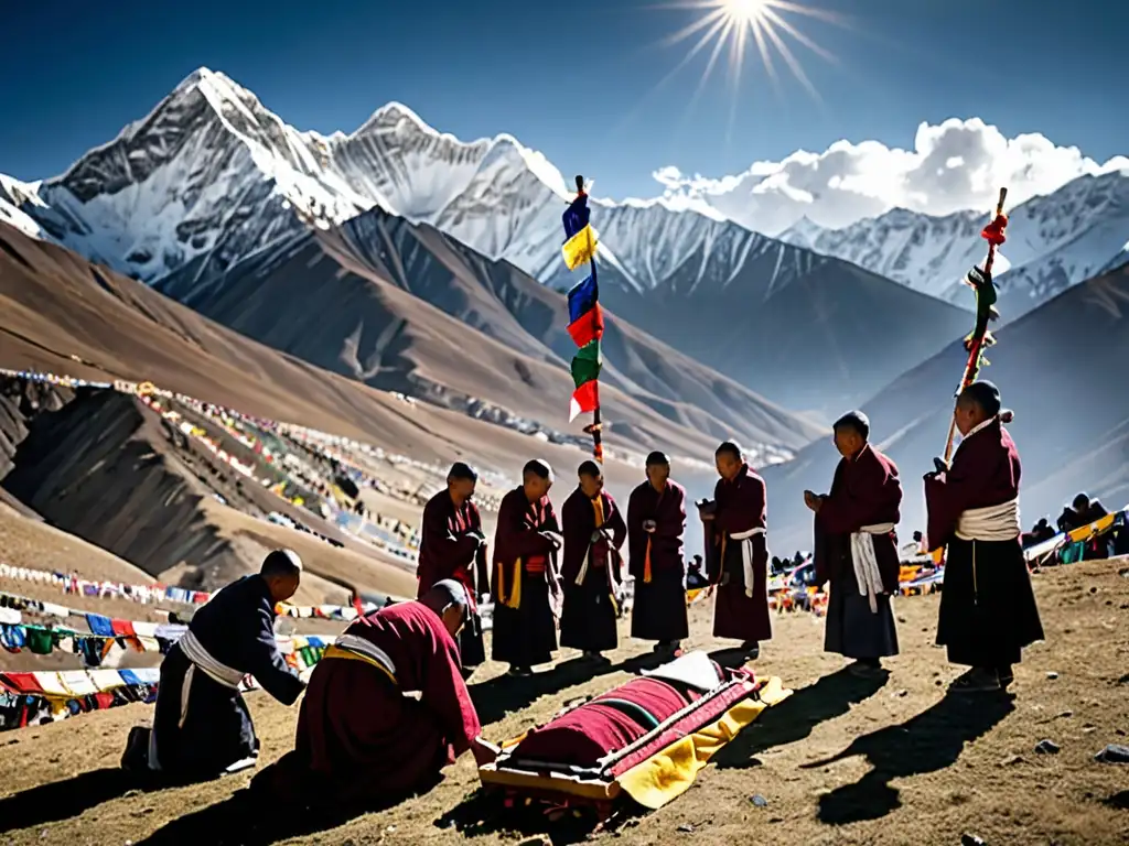 Grupo en ropa tibetana realiza ritual funerario en la montaña al atardecer, rodeado de banderas de oración