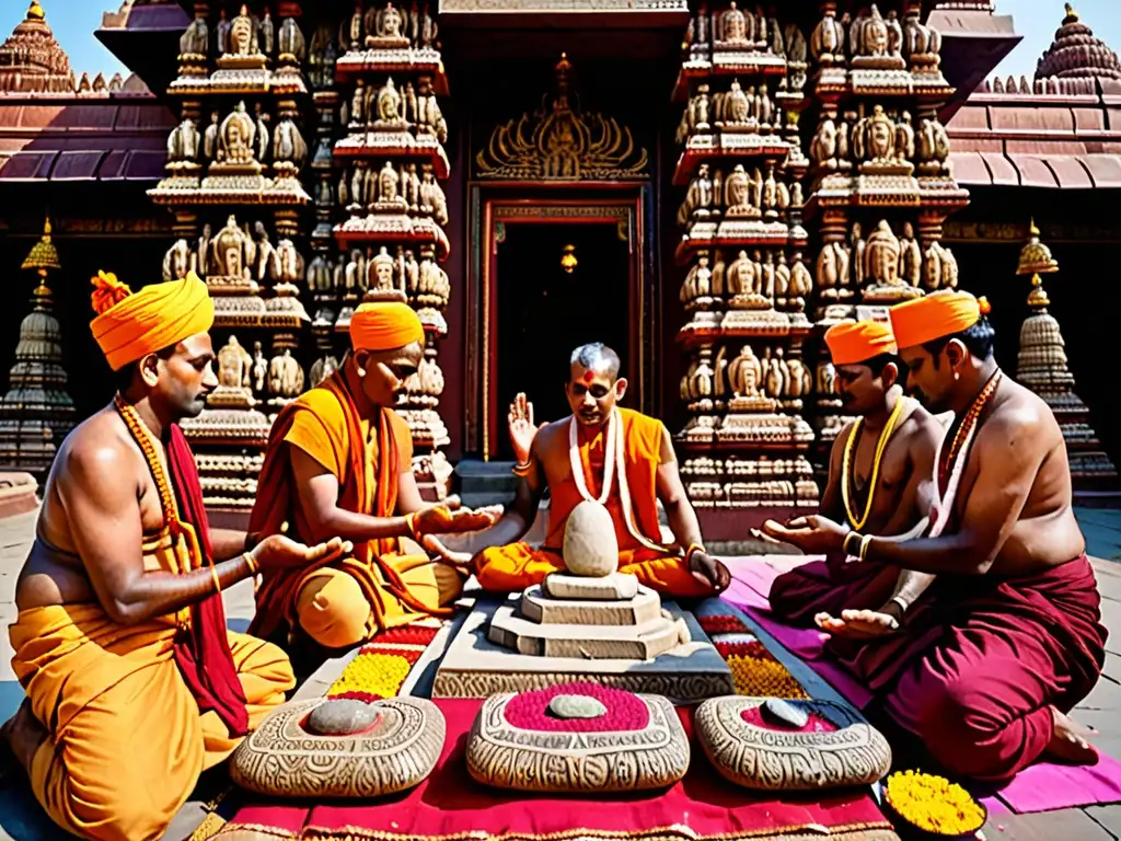 Grupo de sacerdotes hindúes invocando el poder de las Sankara Stones en un ritual sagrado, rodeados de coloridas ofrendas y detalles arquitectónicos en un templo majestuoso