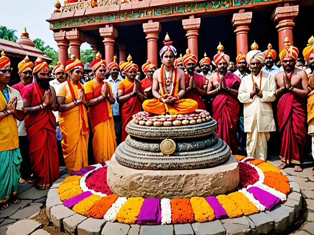 Grupo en ritual hindú con Sankara Stones brillantes y símbolos sagrados