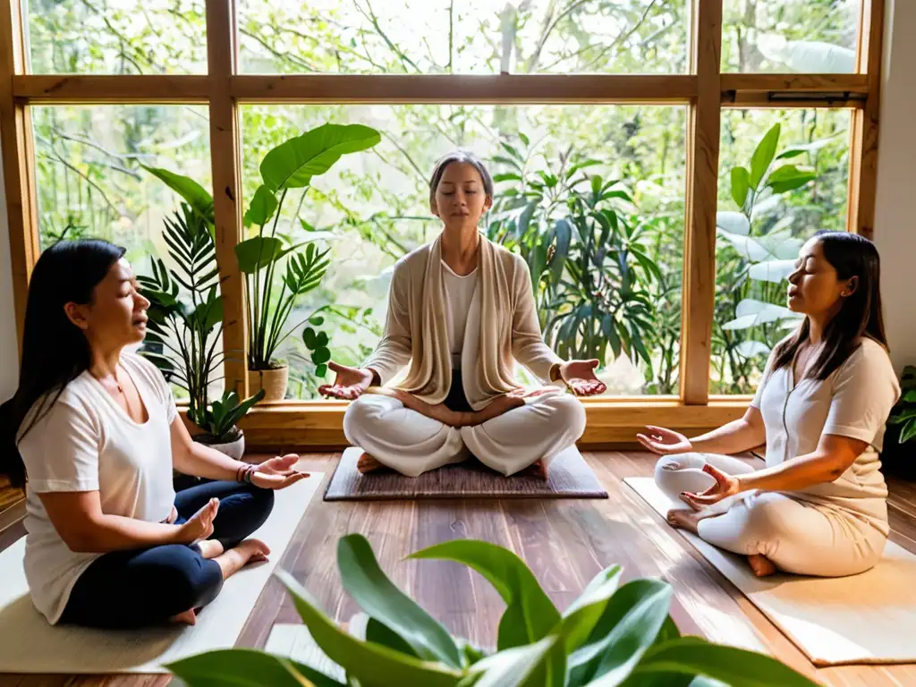 Grupo en sesión de Reiki, ambiente sereno con luz natural y elementos de sanación