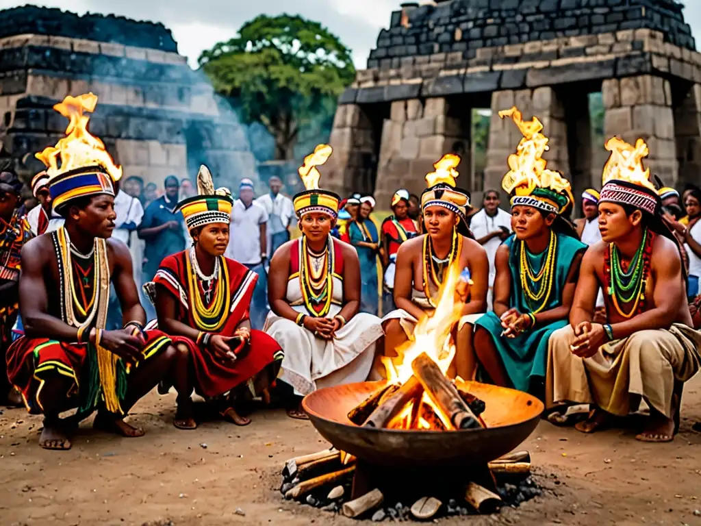 Grupo en trajes ceremoniales africanos y mesoamericanos se reúnen alrededor del fuego en antiguas ruinas, practicando simbólicos rituales de creación