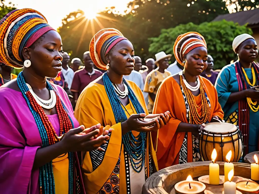Grupo en trajes tradicionales Yoruba rindiendo homenaje a Orishas y Orixás en un santuario sagrado al aire libre, con telas coloridas y ritmo de tambores creando una atmósfera mística