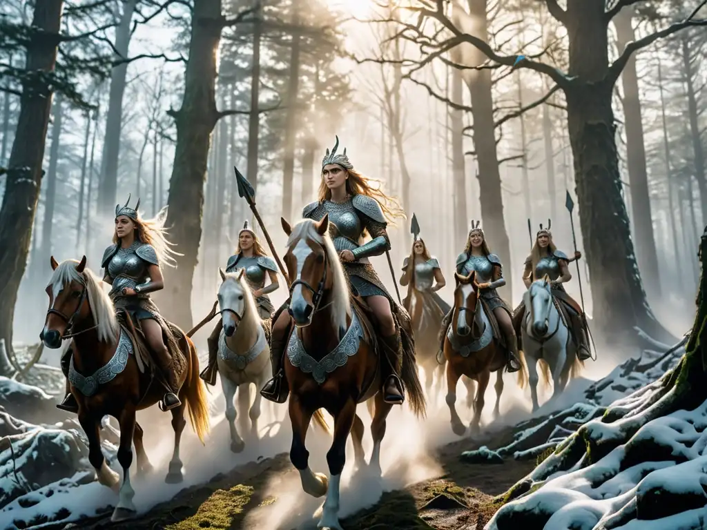 Un grupo de valquirias poderosas cabalgan en un bosque místico