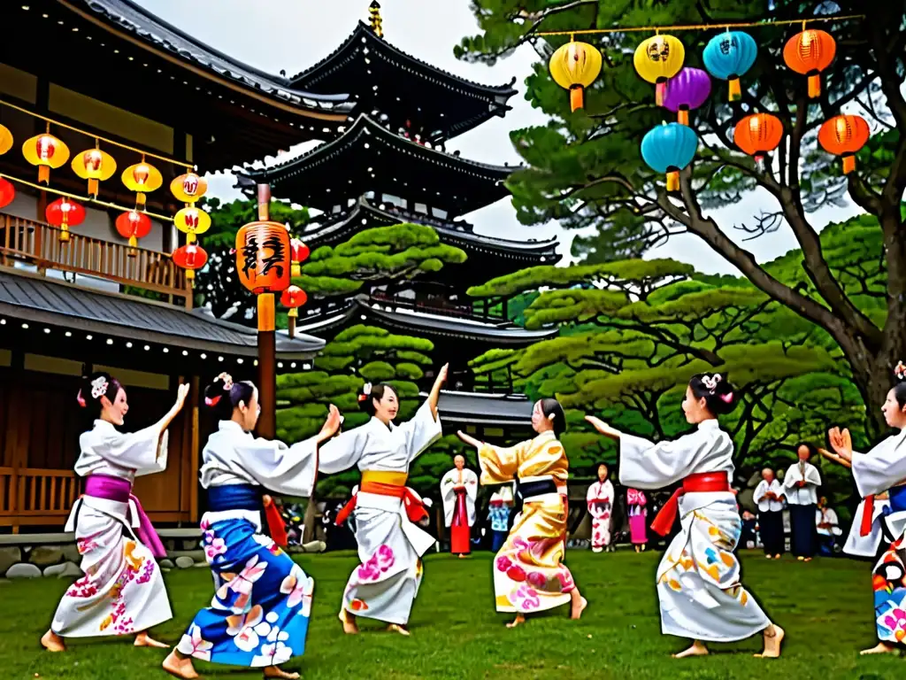 Un grupo en yukatas y happis danza alrededor de un yagura decorado y colorido, rodeado de vegetación exuberante, taiko y linternas