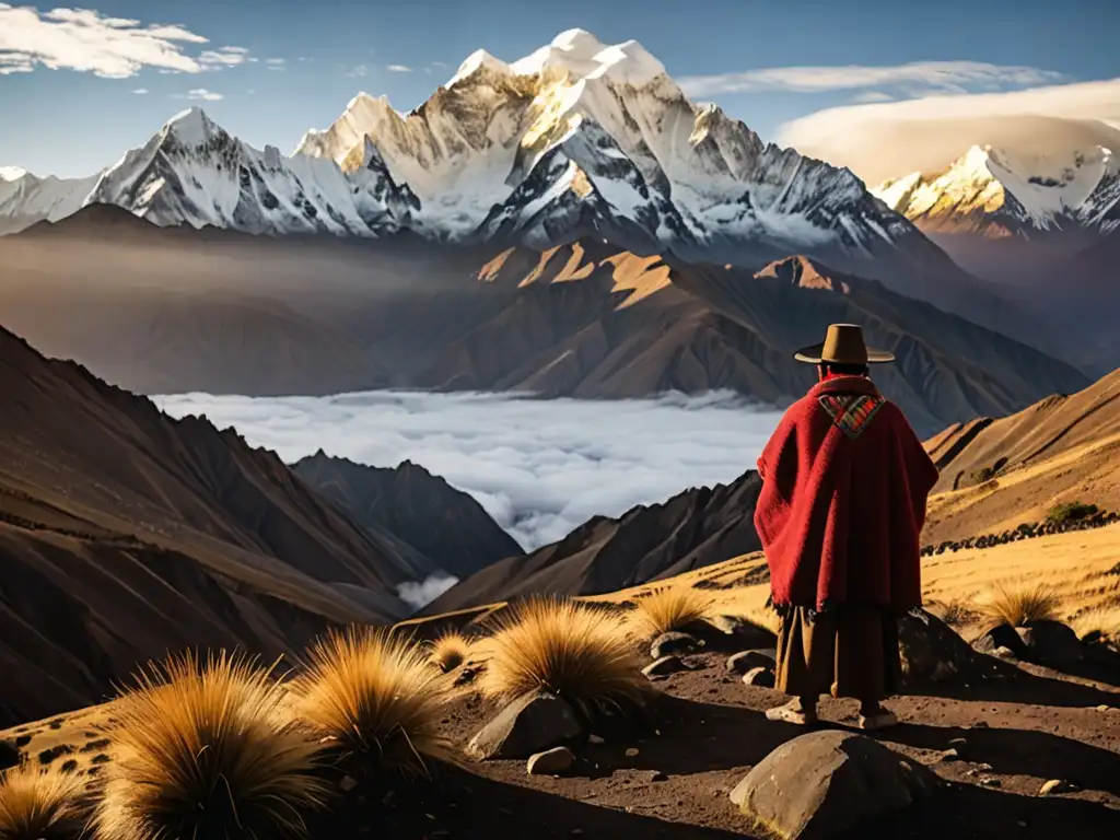 Guardianes de las Montañas Andinas: Majestuosas cumbres nevadas envueltas en neblina, bañadas por la cálida luz dorada del atardecer