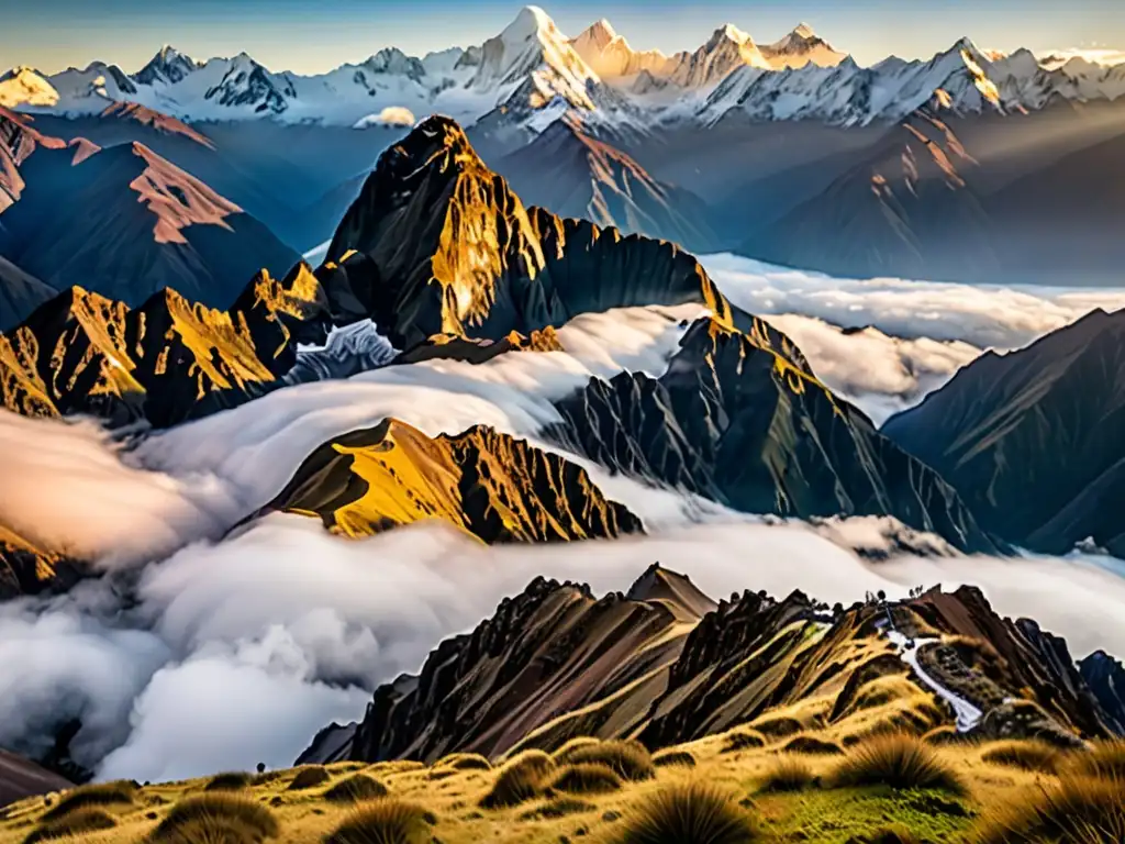 Guardianes de las Montañas Andinas: Vista panorámica de picos nevados, valles y ríos, bañados por la luz dorada del atardecer en los Andes
