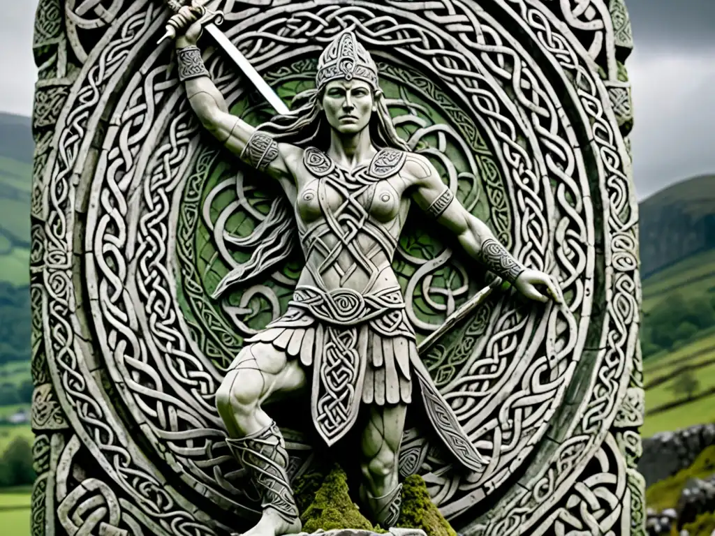 Un guerrero celta tallado en piedra con motivos y símbolos intrincados, en un paisaje de colinas verdes y valles brumosos