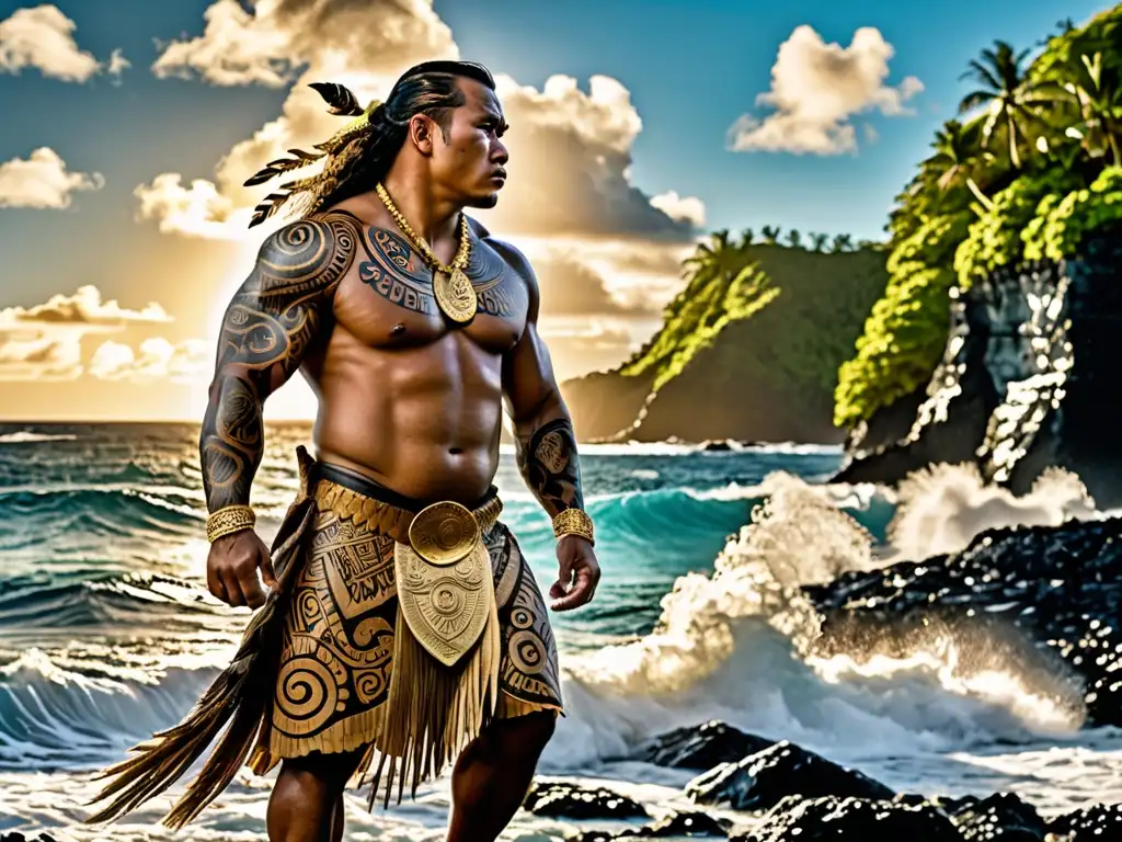 Un guerrero samoano junto al mar, con la leyenda de la serpiente marina, evocando fuerza y misticismo