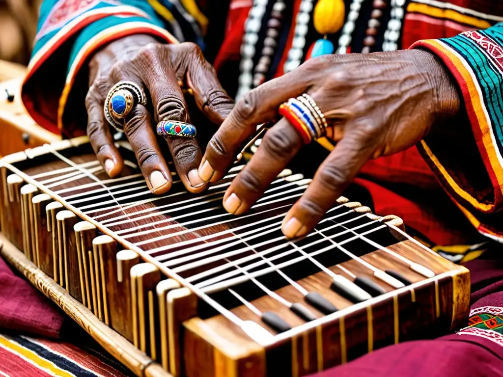 Manos hábiles tocando la Kora: tradición y arte Mandinga Las hábiles manos de un músico tocan la Kora, instrumento musical folklore mandinga, con joyas y telas vibrantes al fondo