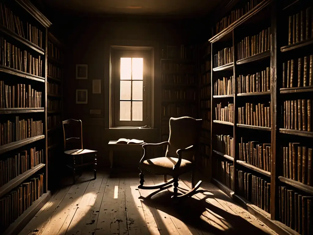 Una habitación sombría con libros antiguos en estanterías