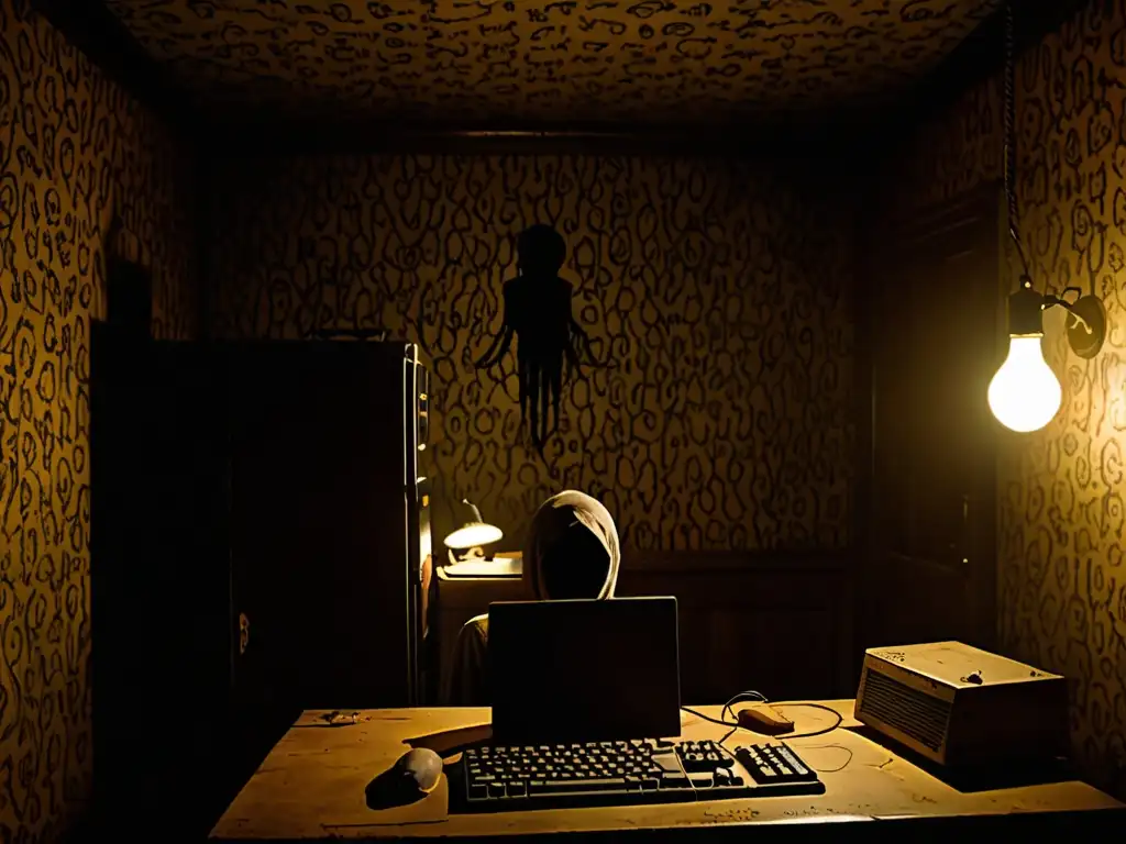 En una habitación sombría, un ordenador antiguo proyecta una pantalla con palabras en un ambiente terrorífico