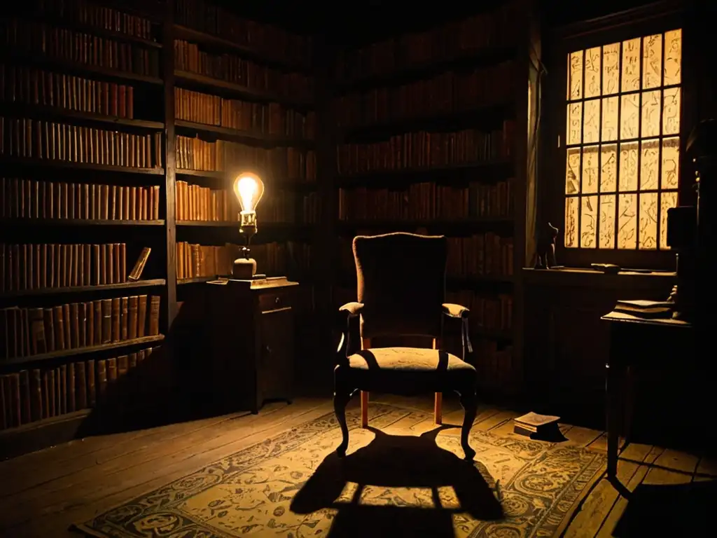 Una habitación sombría con una silla en el centro, rodeada de estantes llenos de libros antiguos y polvorientos