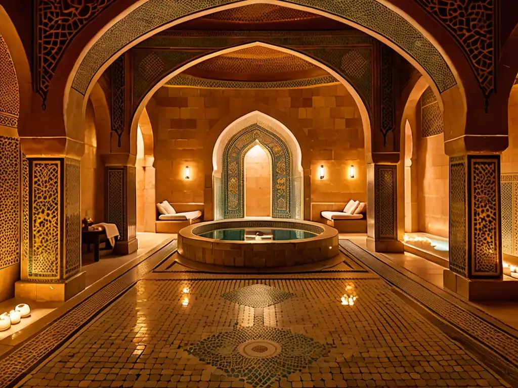 Un hammam iluminado con mosaicos y vapor