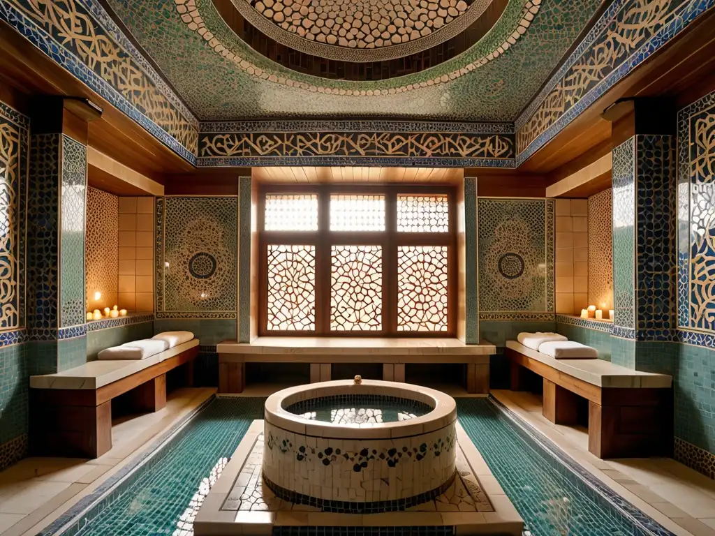 Un hammam tradicional con mosaicos intrincados, arquitectura de mármol y una atmósfera serena que evoca los beneficios espirituales del baño turco