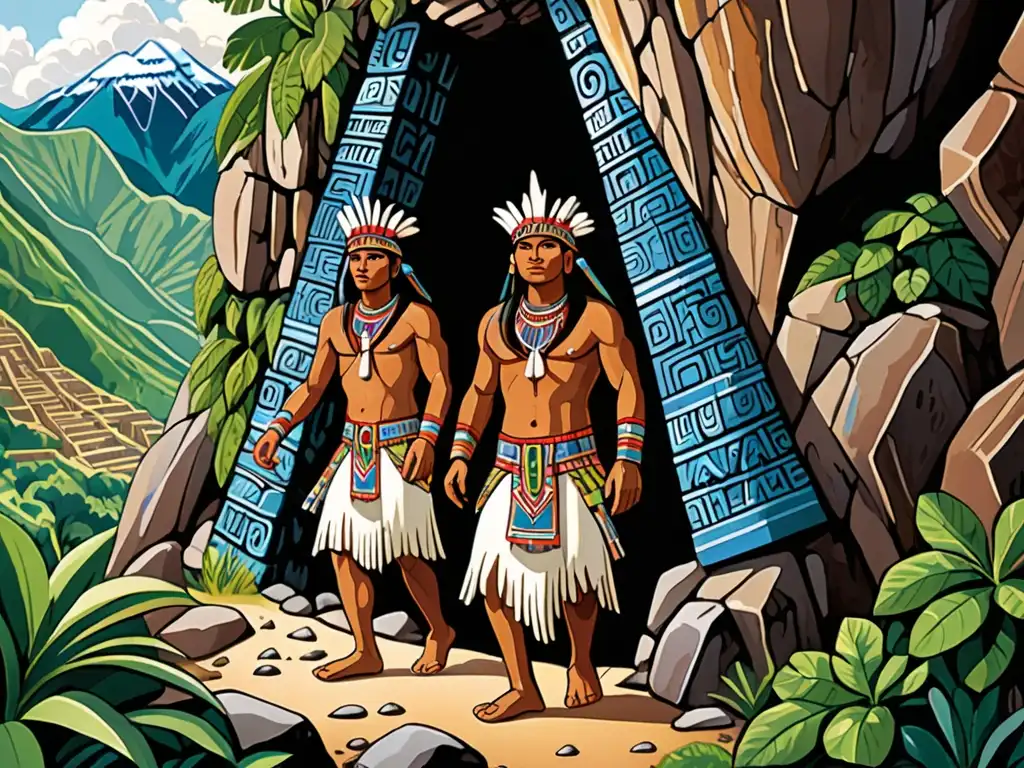 Los Hermanos Ayar emergen de la cueva en los Andes, envueltos en trajes tradicionales, listos para su viaje mítico fundacional del imperio inca