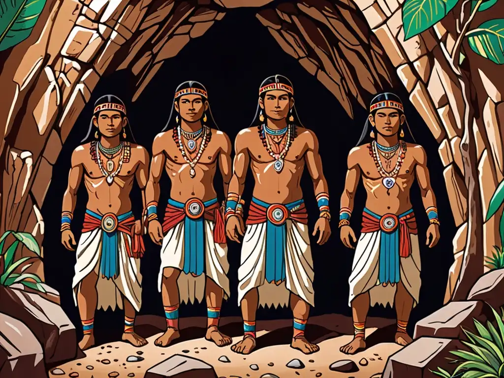 Los hermanos Ayar emergen de la cueva de Pacaritambo, rodeados de energía mística y símbolos incas, con los imponentes Andes de fondo